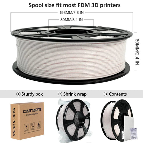 1.75mm PLA Filament For 3D Printer Marble Brown Stone Color 1KG Spool displayed next to sturdy box and shrink wrap.