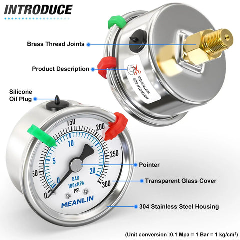 Stainless Steel Dry Pressure Gauge 0-300 Psi With 2 Inch Dial Quarter Inch NPT Center Back Mount, transparent glass cover, silicone oil plug.