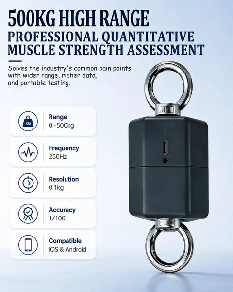 Professional Isometric Strength Tester And Push Pull Dynamometer With Cordless Data Tracking, 500kg Digital Force Gauge showing specifications.