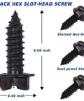 Rustproof License Plate Screws Heavy Duty Bulk Pack 100 Pcs With Anti Rattle Bolts For Front And Rear Plates Eco Friendly Lead Free Nickel Free Domestic Vehicle Fits, black hex slot-head screws details and dimensions