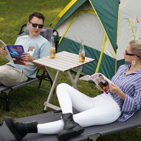 Ultra Lightweight Aluminum Folding Camping Table For Travel And Outdoor Adventures set beside chairs and tent, 18.5x18.5x24.5 inches