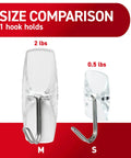 Size comparison of medium clear wire toggle hooks with adhesive strips, M holds 2 lbs, S holds 0.5 lbs, for damage-free hanging.