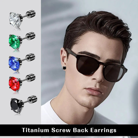 Top Tier Titanium Screw Back Stud Earrings For Women And Men Featuring Hypoallergenic Surgical Steel with Cubic Zirconia in Colors.