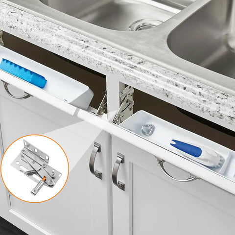 Heavy Duty Soft Close Tip Out Tray Hinges With Smooth Damping Action For Kitchen Sink Cabinets, Rust resistant steel hinges in use.