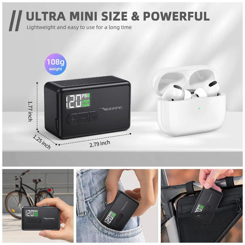 Ultra Tiny Electric Bike Pump With Auto Stop And Fast Inflation To 120 PSI shown next to earbuds and size dimensions
