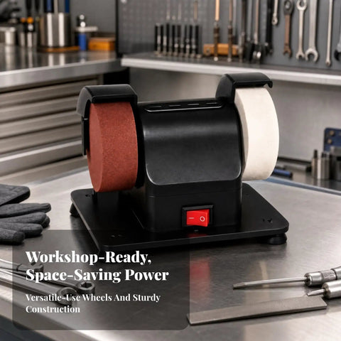 Compact Dual Wheel Bench Grinder With Rock Solid Low Vib Design For Knife Sharpening And Light Metalwork, featuring dual wheels and sturdy base.