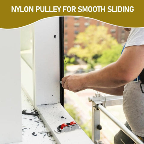 Man installing Rugged Sliding Door Pulley Track Set With Silent Dual Wheel Rollers And Rigged Tight Stainless Steel Nylon Bearings.