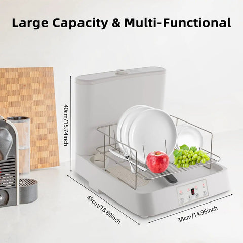 Portable Countertop Dishwasher With Clear Window And Three Auto Wash Modes Fits Four Plates Water Saving Fast Cycle Hassle Free Build For Compact Areas Super Handy Kitchen Game Changer Daily Essential with plates and fruits.