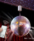 Disco Ball Motor For Wind Spinner And Mirror Ball Chimes Hang Display Rotating Motor With Mini Remote Controller Battery Powered At 20 RPM Holds Up To 4 Pounds Garden Decor Boss Vibe shown with remote.