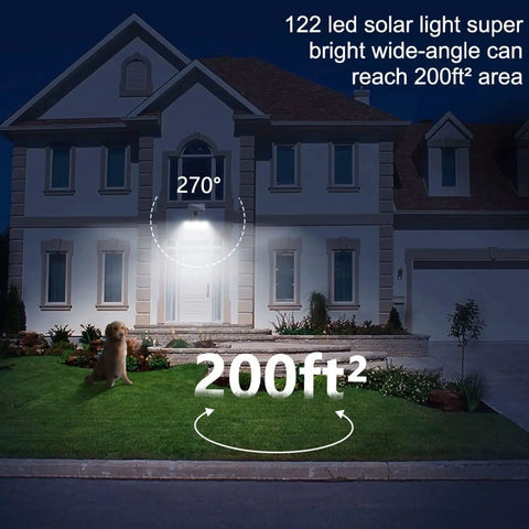 Heavy Hitter Solar Motion Sensor Light With Three Swivel Heads And Solid IP65 Water Resistant Build For Serious Yard Security On Your Driveway Patio Or Garage Wall illuminating a home entrance with a wide-angle view.