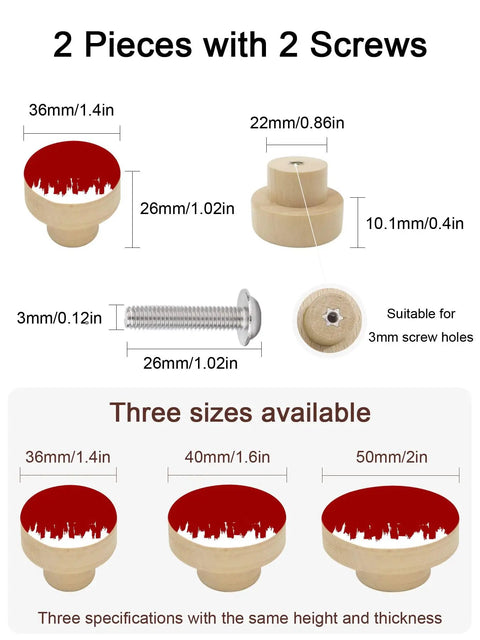 Top Tier Beech Wood Cabinet Knobs Round Drawer Pulls One Point Four Inch Abstract Graffiti Vibe Red And White Painted Furniture Hardware With A Smooth Grip Totally Upgrades Your Kitchen Cupboards And Dressers - Two knobs with screws and measurements.