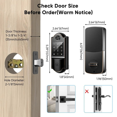Dimensions of Slick Keyless Entry Smart Lock Featuring Auto Locking Fingerprint Reader for front door security installation.