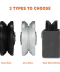 Heavy Duty Cast Iron V Groove Roller Wheels Rock Solid Industrial Casters With Precision Ball Bearings 2400 Lbs Load Capacity For Sliding Gates And Overhead Track Rails Smooth Glide Black 4 Pack types of wheels in black, silver, and boxed black option.
