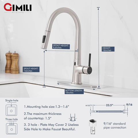 Touchless Kitchen Faucet With Pull Down Sprayer, High Arc Single Handle Motion Sensor Hands Free Sink Faucet In Brushed Nickel Finish, 0.5 Second Activation And Auto Shutoff After 3 Minutes installation diagram