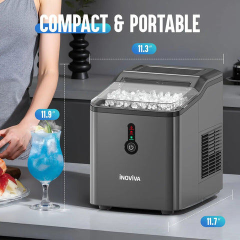 Countertop Nugget Ice Maker With FlashChill For Fast Ice In Six Minutes, Chewable Nuggets For Quick Cold Drinks, Produces Up To Twenty Six Point Five Lbs Per Day, Self Cleaning, Compact Portable Design For Home, Office And Parties, shown on a kitchen counter with ice and a blue drink