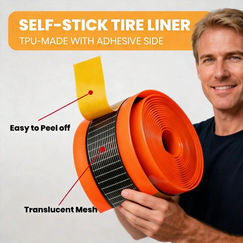 Man holding Two Pack Self Adhesive Bike Tire Liners Made From Durable TPU Puncture Proof Tube Protectors with adhesive peeler visible