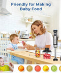 Kitchen scene featuring Powerful 1000W Immersion Blender 5 In 1 Handheld Electric Mixer, mother and child preparing baby food.