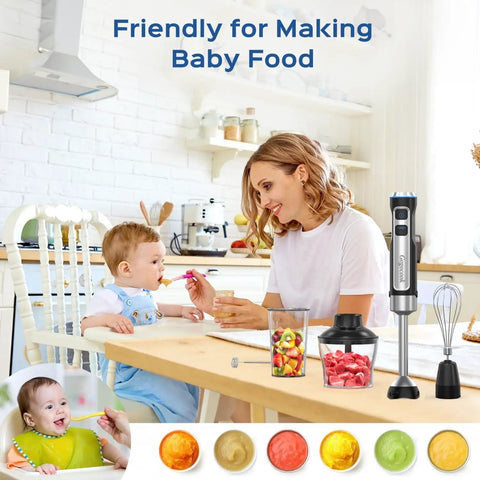Kitchen scene featuring Powerful 1000W Immersion Blender 5 In 1 Handheld Electric Mixer, mother and child preparing baby food.