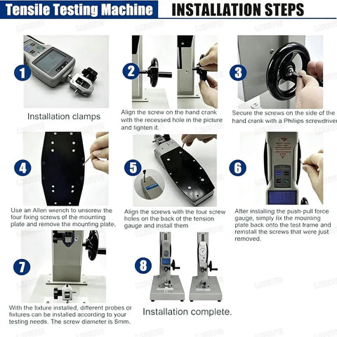 Installation steps for Straight Up Heavy Duty Digital Pull Force Tester And Manual Force Gauge Stand with visuals for setup.