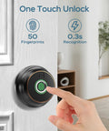 Top Tier Fingerprint Deadbolt Smart Lock With Bluetooth App Control And Steel Keys For Main Entrance with fingerprint scanner and hand.