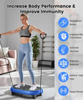 Woman exercising on full body vibration platform for home workouts with Bluetooth, focusing on muscle activation and lymphatic drainage.
