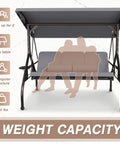 Three Seat Outdoor Porch Swing Chair With Adjustable Canopy Two In One Convertible Backrest Into Bed Weather Resistant Gray