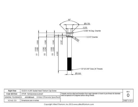 Top Shelf Two Pack Grade Five Titanium Socket Head Cap Screws 1/2-20 x 4 inch drawing with dimensions and specifications.