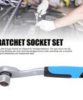 Knockout 46 Piece Pass Through Socket Set With Slim Offset Handle And Insert Style Heavy Duty Ratchet Wrench in use on engine bolts.