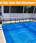 Top Shelf Universal Pool Solar Cover Reel Attachment Kit With Fool Proof Serrated Grip Locking Clips And 24 Piece Hook Strap Bundle For Large Inground Swimming Pools installed above a blue solar cover.