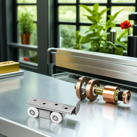 Heavy Duty Stainless Steel Sliding Door Track With Silent Nylon Four Wheel Pulley System for closet hardware kit on shiny table.