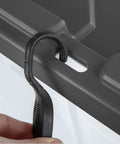 Rugged Pull Along 160 Quart Rolling Storage Tote With Transparent Bottom showing close-up of swivel handle attachment feature.