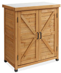 Outdoor Garden Potting Bench With Metal Tabletop And Storage Cabinet Cedar Wood Weatherproof Natural Finish Patio Workstation