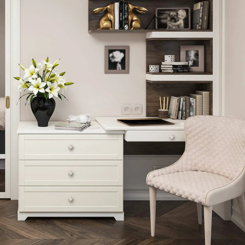 White dresser in modern office with 30 Pack Brushed Nickel Square Cabinet Knobs And Drawer Pulls Set for Kitchen Cabinets