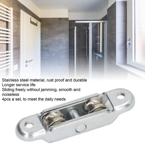 Heavy Duty Stainless Steel Sliding Window Door Roller Kit With Dead Easy Install Double Wheels For Home Cabinets And Track Replacement Top Shelf Quality Half Inch Diameter For No Hassle Glide displayed in bathroom settings.