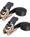 Endless Ratchet Strap Set 1 Inch Wide Heavy Duty Tie Down Straps 8 Feet Long Hookless Design 900 Pound Load Capacity 2500 Pound Breaking Strength Great For Motorcycle Trailer Kayak Roof Rack Cargo 2 Pack, showing two black heavy-duty straps with ratchet mechanism and no hooks visible