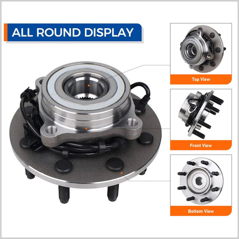 Knockout Quality Straight Up Front Pair Wheel Hub And Bearing Assembly Fits 2000 To 2002 Dodge Ram 2500 3500 4WD 8 Lug Setups With Abs Sensors Crafted For Rough Roads And Easy Installation 515063 top front and bottom views.