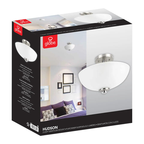 13 Inch Two Light Semi Flush Mount Ceiling Light in Brushed Nickel with Chrome Accents and Frosted Glass Shade