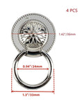 Vintage Floral Embossed Drop Ring Cabinet Pulls Slick Silver Zinc Alloy Drawer Handles For Home Refresh Kitchen Bedroom Vanity Upgrade Durable Hardware Set Of Four, detailed view with size measurements.