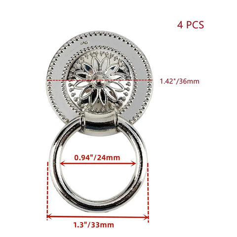 Vintage Floral Embossed Drop Ring Cabinet Pulls Slick Silver Zinc Alloy Drawer Handles For Home Refresh Kitchen Bedroom Vanity Upgrade Durable Hardware Set Of Four, detailed view with size measurements.