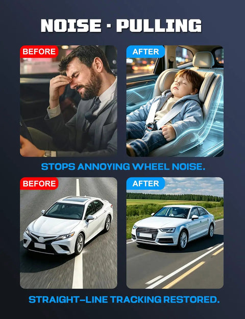 Before and after images showing improved driving experience with enhanced wheel stability and noise reduction.
