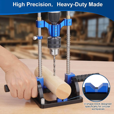 Person using All Metal Adjustable Drill Guide With Multi Angle Capability From Zero To Sixty Degrees For Straight Holes on wood