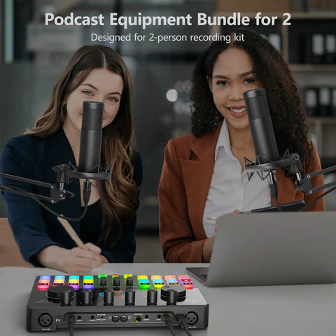Pro Level Dual Microphone Podcast Bundle Slick Rgb Audio Mixer With 48V Phantom Power shown being used by two women.