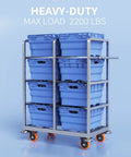 Tough As Nails 3 Inch Caster Wheels Set Of 4 Heavy Duty Locking Brakes with blue storage bins on a stainless steel cart.