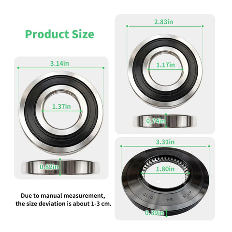 Top Tier Washer Seal Bearing Kit Knockout Durability Heavy Duty Tub Bearings showing product dimensions and size specifications.