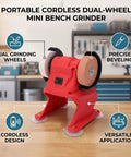 Heavy Duty Badass Mini Bench Grinder Featuring Dual 70 Mm Wheels Kicking Out 5500 Rpm for rad metal shaping and deburring using any 18V battery pack for your workshop, showcasing dual wheels and cordless design.