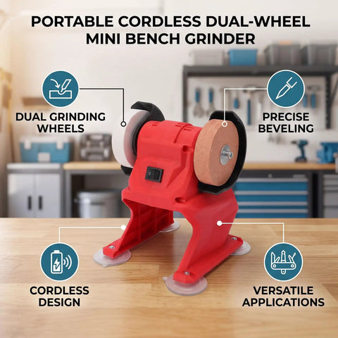 Badass Compact Mini Bench Grinder With 70mm Grinding Wheel 5500 RPM Speed, cordless dual-wheel design for versatile applications.