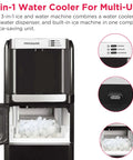 No Fuss Three In One Hot And Cold Water Cooler Dispenser Featuring Built In Bullet Ice Maker And Simple Top Load Five Gallon Bottle Compact Black Finish showing ice compartment.