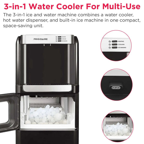 No Fuss Three In One Hot And Cold Water Cooler Dispenser Featuring Built In Bullet Ice Maker And Simple Top Load Five Gallon Bottle Compact Black Finish showing ice compartment.