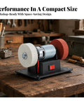 Professional Grade Rock Solid Electric Bench Grinder With Non Slip Dual Wheels Vibration Proof Base on a wooden workbench.