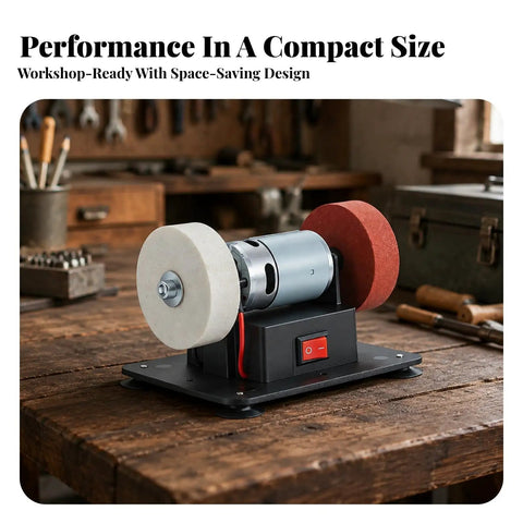 Professional Grade Rock Solid Electric Bench Grinder With Non Slip Dual Wheels Vibration Proof Base on a wooden workbench.